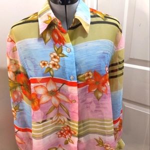 Impressions Sheer Floral/Striped Blouse Size L